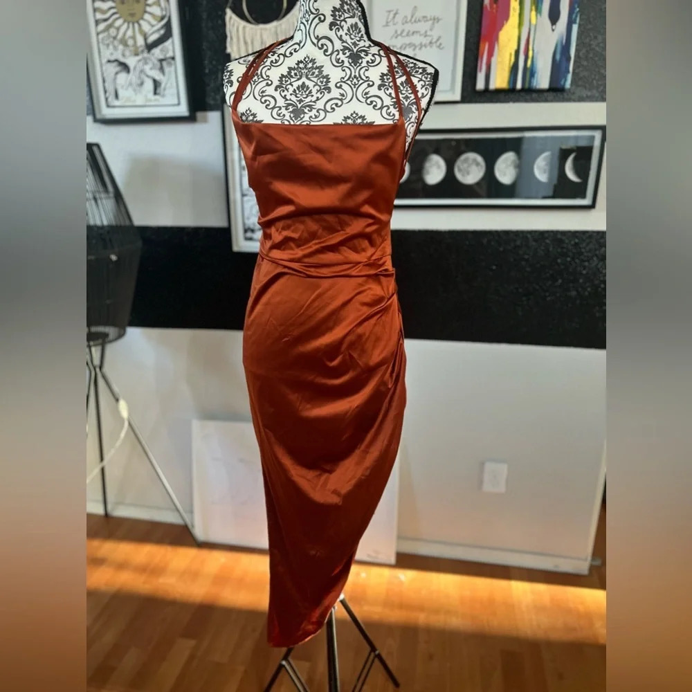 Rust silk midi dress with slip ruched side and tie back